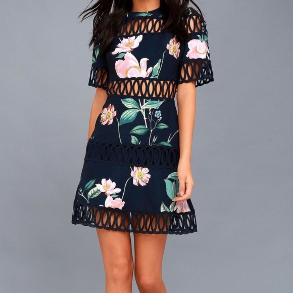 Whispers Keepsake Navy Blue Floral Print Dress